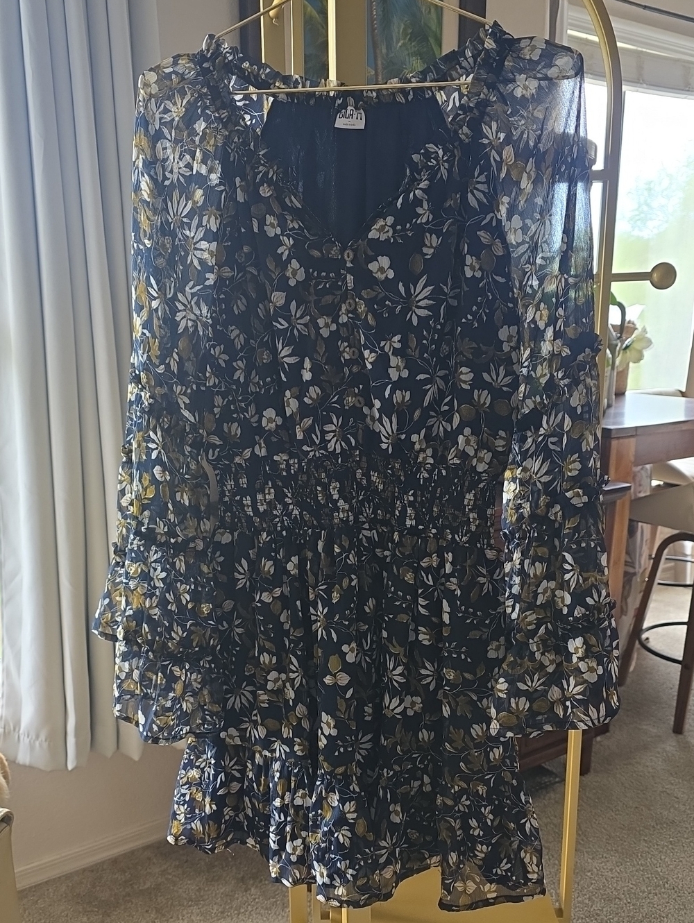 Bila77 Navy Floral Ruffle Mini Dress White Mustard Blooms Statement Sleeve Med